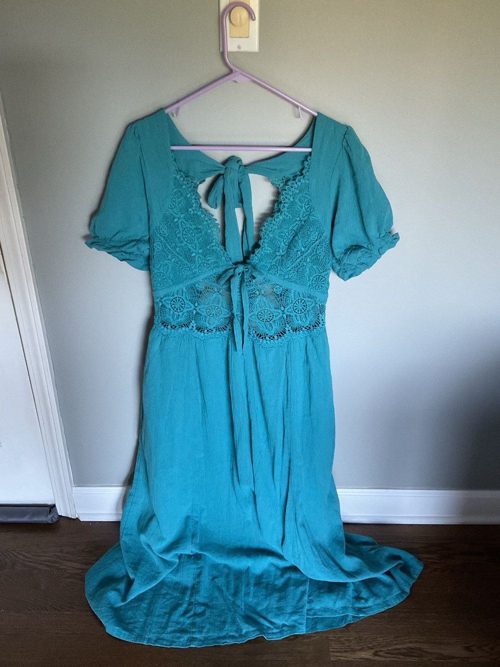 Teal Lace-Detail Women’s Maxi Dress with Tie Back